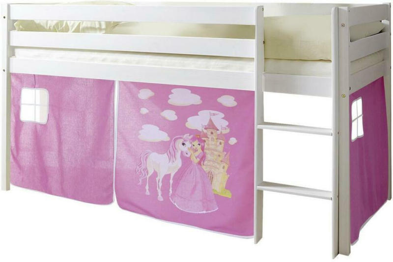 Kinderbett Malte 90x200cm Holz Massiv Weiß/Pink mit Vorhang