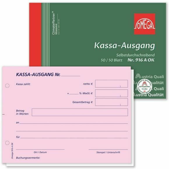 OMEGA DRUCK Kassa-Ausgangsbuch 2 x 50 Blatt A6 quer