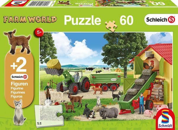 SCHMIDT Kinderpuzzle "Heueinfahrt auf dem Bauernhof" mit 2 Schleich Figuren 60 Teile