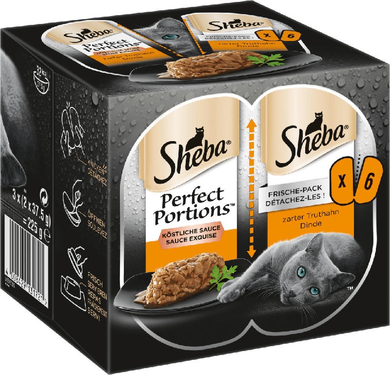Sheba Nassfutter für Katzen, Perfect Portions Sauce mit Truthahn (6 x 37,5 g)