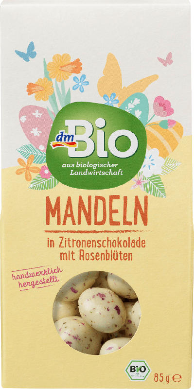 dmBio Mandeln geröstet in weißer Zitronenschokolade mit Rosenblüten