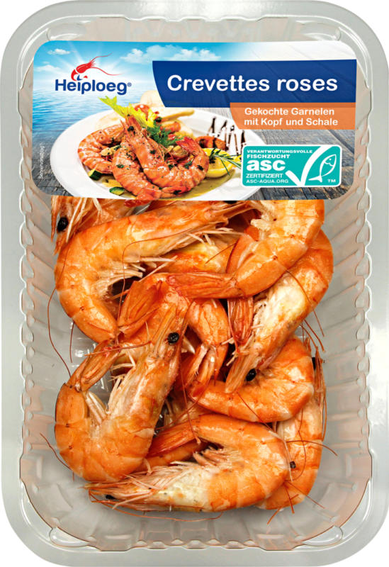 Crevettes Heiploeg, Provenance indiquée sur l’emballage, roses, entières, cuites, 250 g