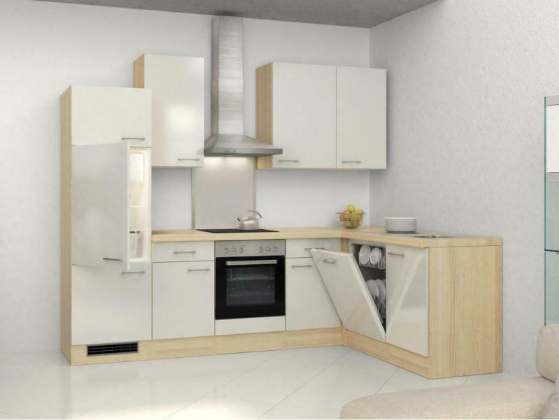 Einbauküche Eckküche Möbelix Abaco mit Geräten 280x170 cm Perlmutt/Akazie