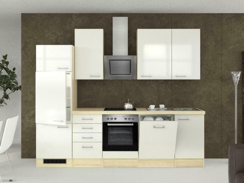 Küchenzeile Abaco mit Geräten 280 cm Perlmutt/Akazie Modern