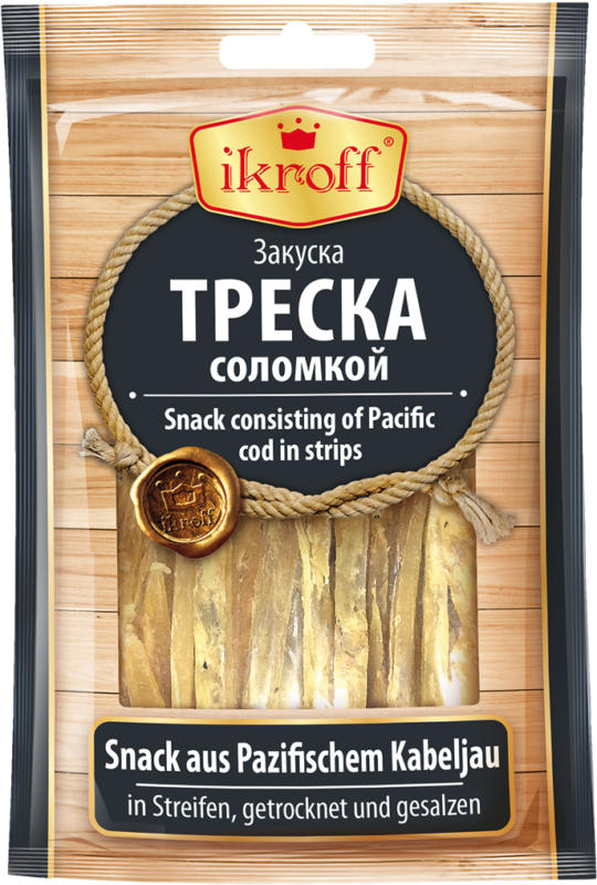 Snack aus Pazifischem Kabelajau in Streifen, getrocknet und gesalzen