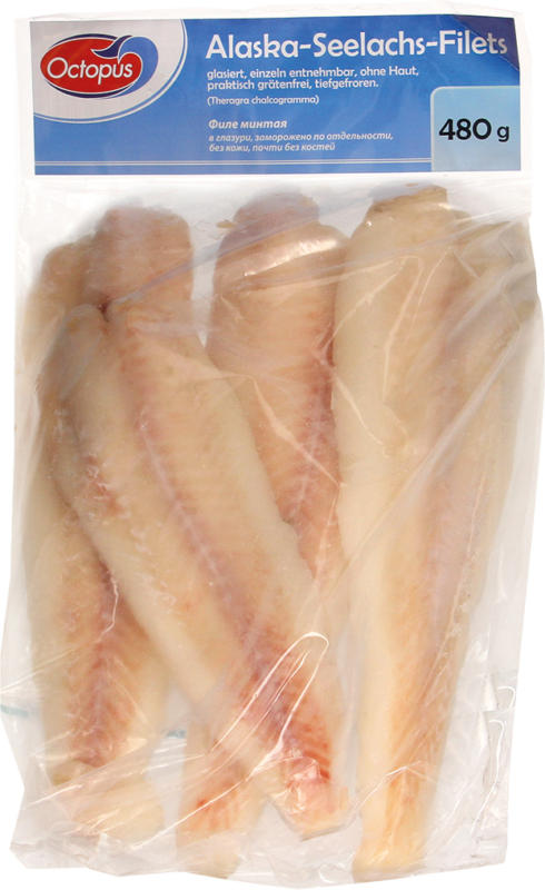 Alaska-Seelachs-Filets, glasiert, einzeln entnehmbar, ohne Haut, praktisch grätenfrei, tiefgefroren
