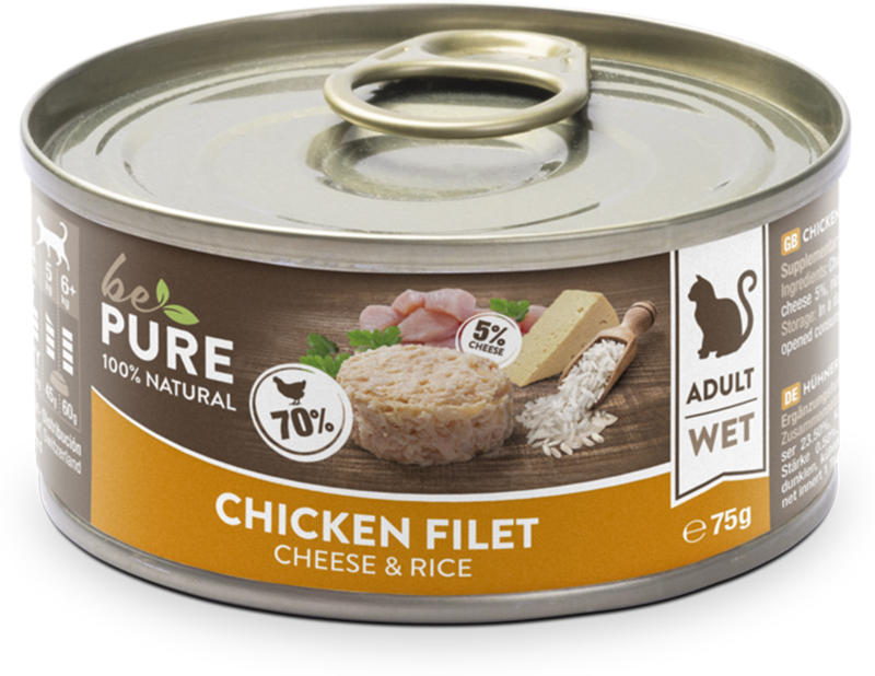 bePure Katzennassfutter Adult Huhn mit Käse & Reis 24x75g