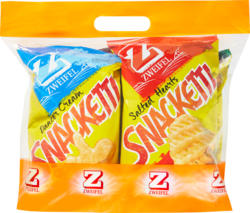 Zweifel Snacketti, assortiert: Dancer Cream, Salted Hearts, Paprika Shells, Bacon Strips je 75 g, 1 Tasche