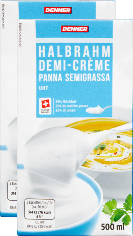Demi-crème Denner, UHT, 25% de matière grasse, 2 x 500 ml
