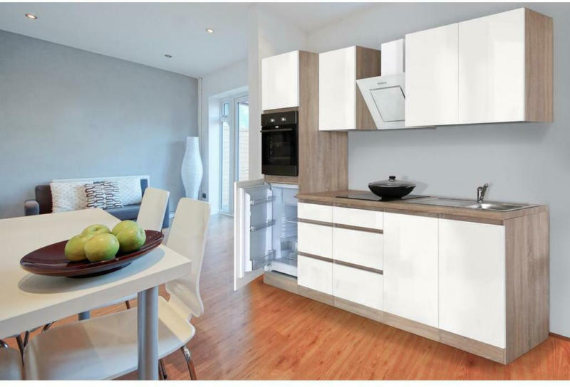 Küchenzeile Premium mit Geräten 270 cm Weiß/Eiche Dekor Modern