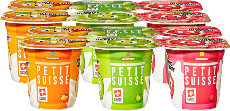 Quark alla frutta Petit Suisse Denner, assortiti: Albicocca, Mela, Lampone, 2 x 6 x 50 g