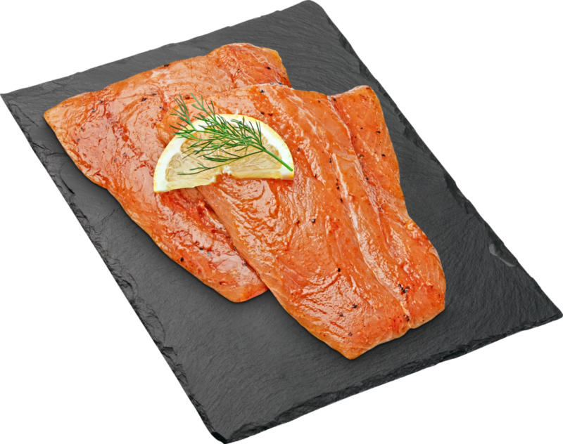Filetto di salmone BBQ Denner, con pelle, marinato, Norvegia, 2 pezzi, ca. 360 g, per 100 g