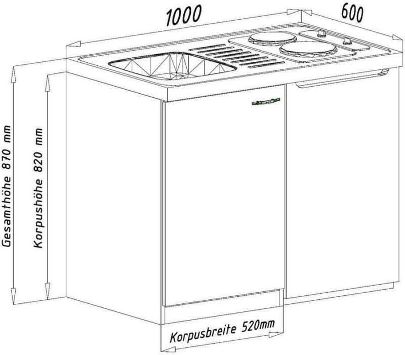 Miniküche mit Kühlschrank + Kochfeld 100cm Rot/Eiche Dekor