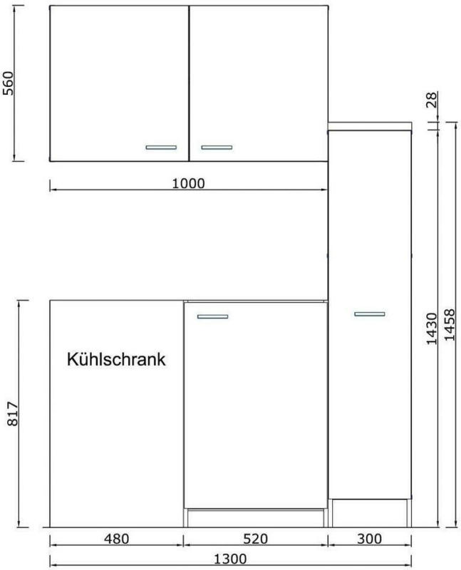 Miniküche mit Kühlschrank + Kochfeld 130 cm Weiß/Eiche