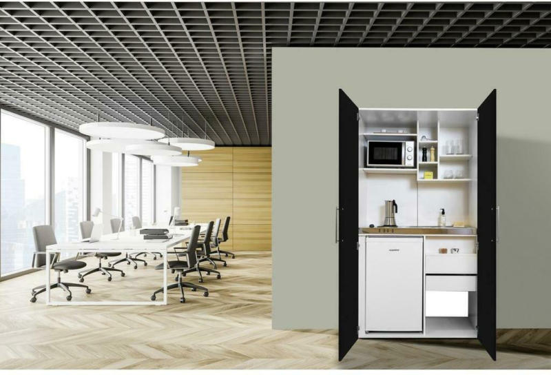 Schrankküche mit Mikrowelle + Kühlschrank 104cm Weiß/Schwarz