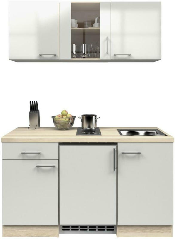 Miniküche mit Kühlschrank + Kochfeld 150cm Perlmutt/Akazie