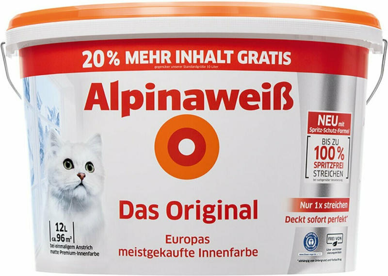 Alpinaweiß Wandfarbe Das Original spritzfrei 10 + 2 l