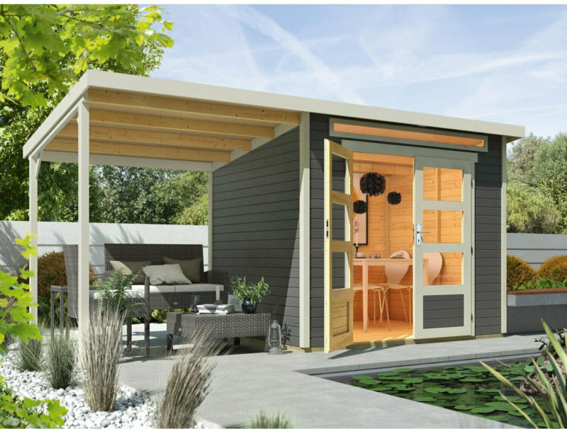 Wolff Finnhaus Holz-Gartenhaus Venlo Grau 426 cm x 213 cm davon 188 cm Anbaudach