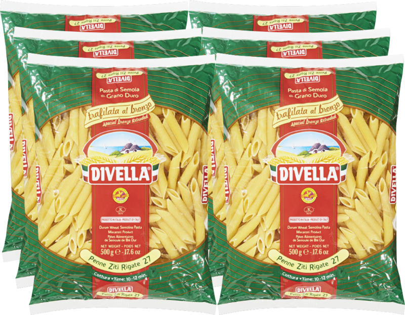 Penne Ziti Rigate 27 Divella, trafilata al bronzo, 6 x 500 g