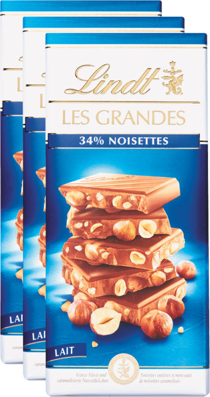 Tablette de chocolat Les Grandes Lindt, Noisettes, Lait, 3 x 150 g