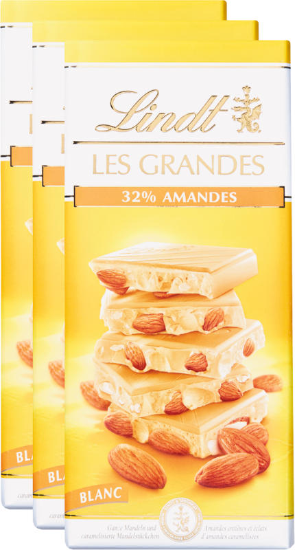 Lindt Les Grandes Tafelschokolade, Mandeln, Weiss, 3 x 150 g