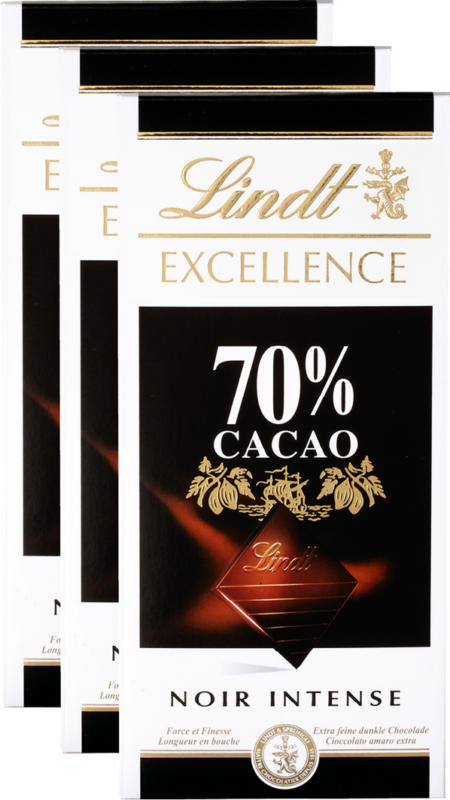 Tavoletta di cioccolata Excellence Lindt, 70% Cacao, Noir Intense, 3 x 100 g