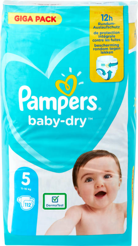 Couches Baby-Dry Pampers, Taille 5 (Junior) 11-16 kg, gigapack, 112 pièces