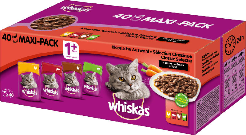 Whiskas Nassfutter für Katzen, Klassische Auswahl in Sauce, Multipack (40x100g)