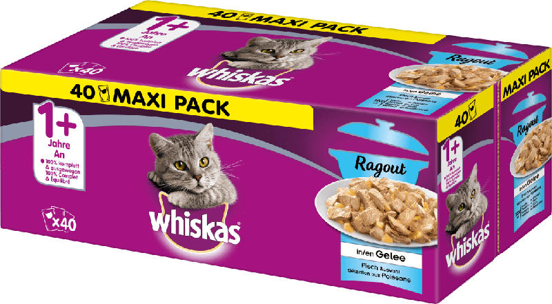 Whiskas Nassfutter für Katzen, 1+ Ragout Fischauswahl in Gelee, Multipack (40x85g)
