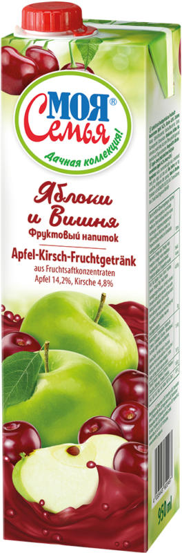 Apfel-Kirsch-Fruchtgetränk aus Fruchtsaftkonzentraten. Apfel 14,2%, Kirsche 4,8%