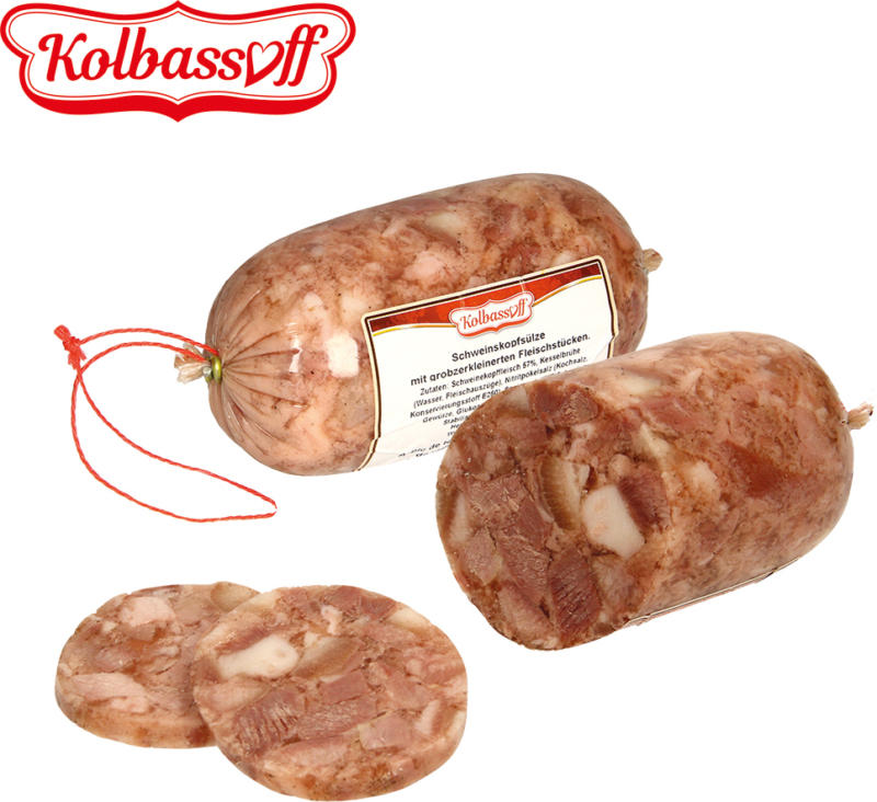 Schweinskopfsülze mit grobzerkleinerten Fleischstücken
