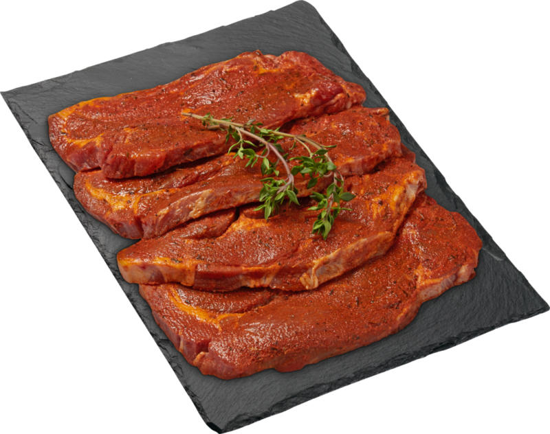 Bistecca di maiale BBQ Denner, marmorizzata, marinata, Svizzera, 4 pezzi, ca. 680 g, per 100 g