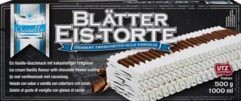 Gâteau glacé feuilleté Cristallo, Goût vanille avec glaçage gras au cacao, 1000 ml