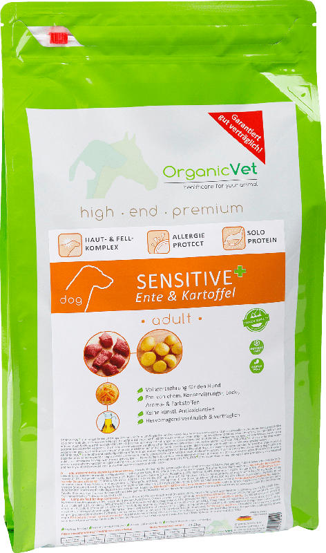 OrganicVet Trockenfutter für Hunde, Sensitive+ mit Ente & Kartoffel, adult