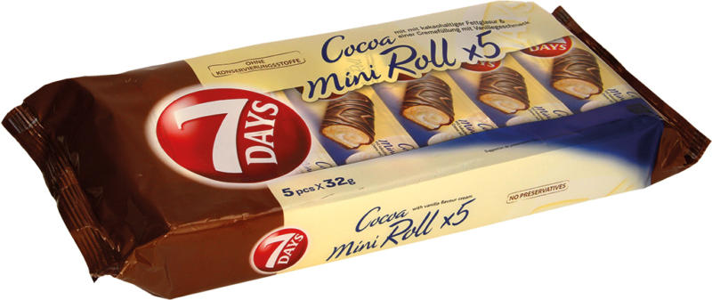 Mini-Kuchenrolle mit kakaohaltiger Fettglasur und mit einer Cremefüllung mit Vanillegeschmack