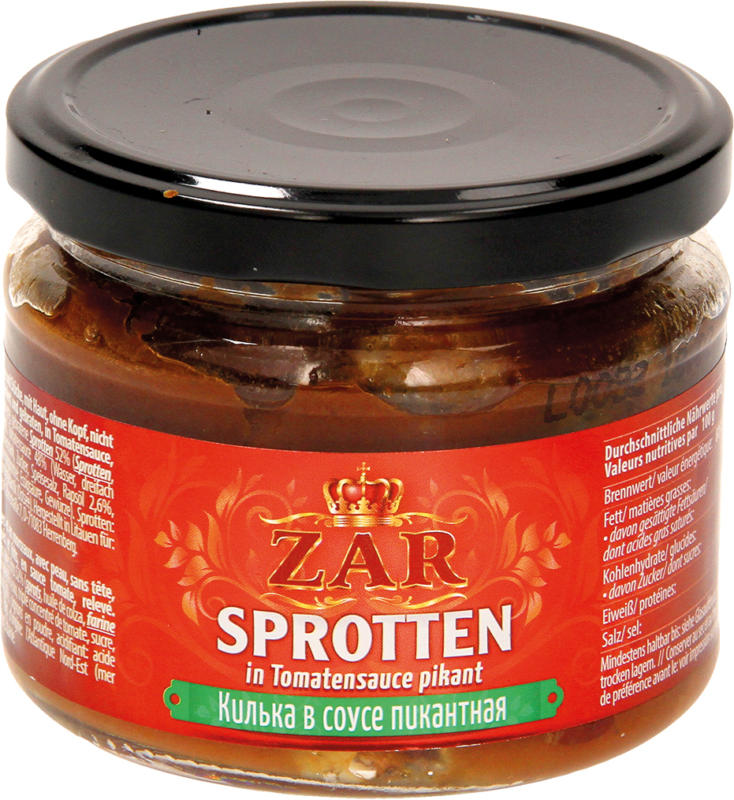 Sprotten, ganze und Stücke, mit Haut, ohne Kopf, nicht ausgenommen, paniert und gebraten, in Tomatensauce, pikant