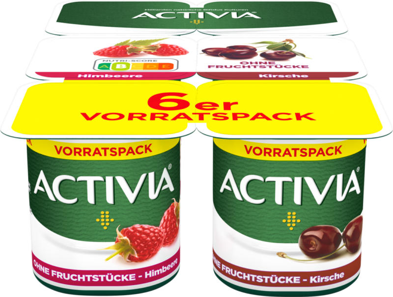 Yogourt avec de la purée de fruits Activia Danone, assortis: Framboise, Cerise, probiotique, 6 x 120 g