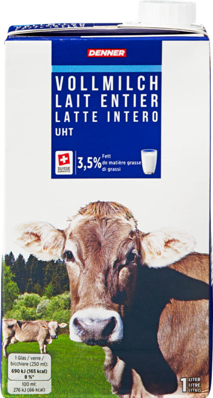 Latte intero Denner, UHT, 3,5% di grassi, 12 x 1 litro