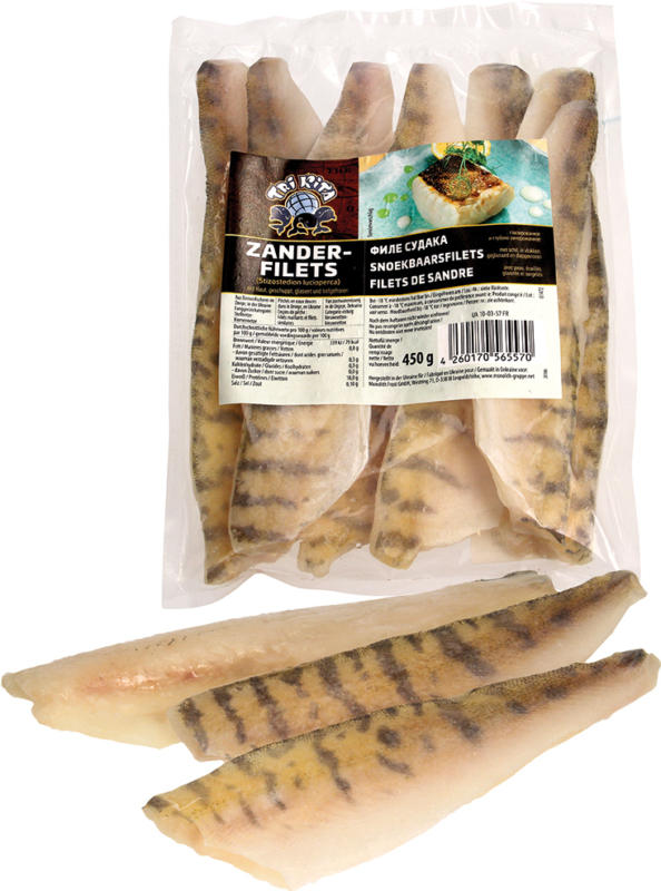 Zanderfilets (Stizostedion lucioperca), mit Haut, geschuppt, glasiert, und tiefgefroren