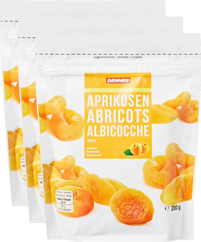 Abricots Denner, tendres, dénoyautés, 3 x 200 g
