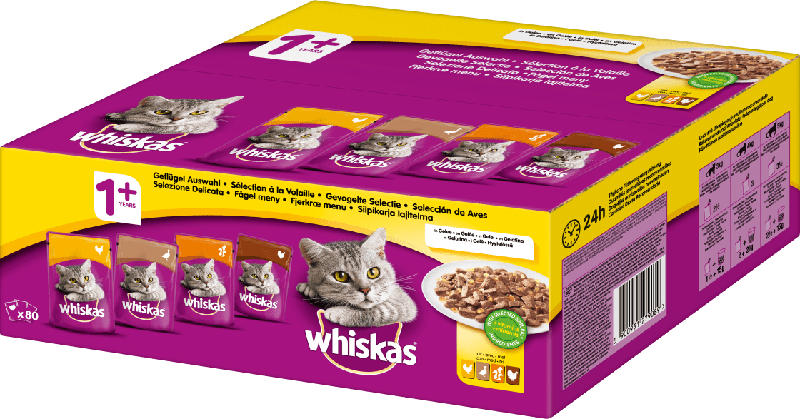 Whiskas Nassfutter für Katzen, Adult, Geflügelauswahl, Multipack (80 x 100g)