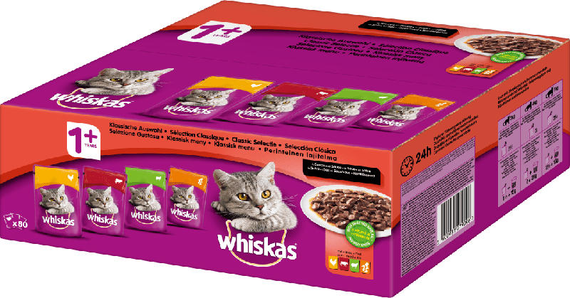 Whiskas Nassfutter für Katzen, Adult, klassische Auswahl, Multipack (80 x 100g)