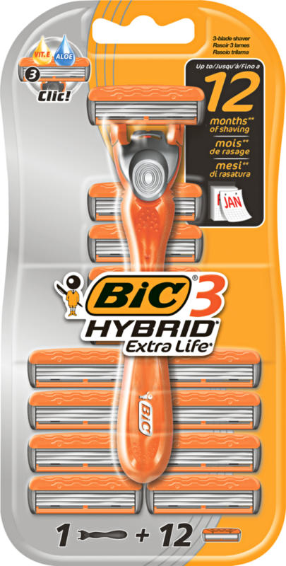 BIC 3-Klingen-Herrenrasierer Hybrid, Extra Life, 1 Griff + 12 Ersatzklingen