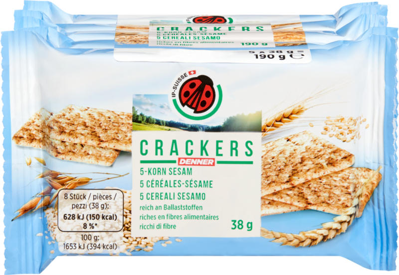 IP-SUISSE Crackers, 5-Korn Sesam, 5 x 38 g