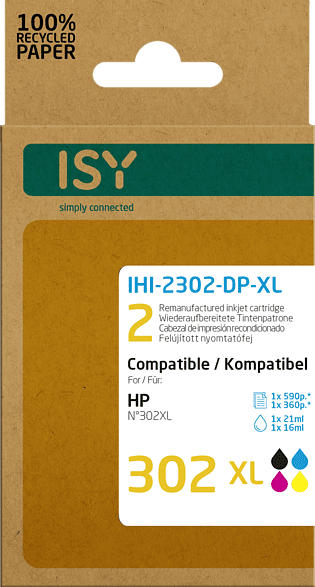 ISY IHI-2302-DP-XL wiederaufbereitete Tintenpatronen ersetzen HP302XL black und colour; wiederaufbereitete Tonerpatrone