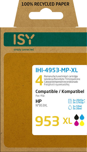 ISY IHI-4953-MP-XL wiederaufbereitete Tintenpatronen ersetzen Multipack 4 HP953XL BK/C/M/Y; wiederaufbereitete Tonerpatrone