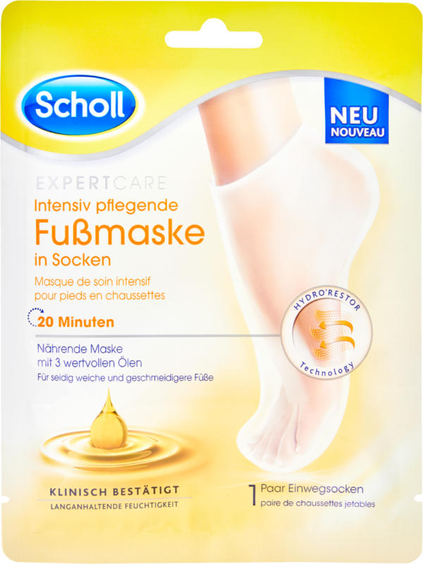 Masque de soin intensif pour pieds Expert Care Scholl, Masque nourissant avec 3 huiles précieuses, chaussettes, 1 paire