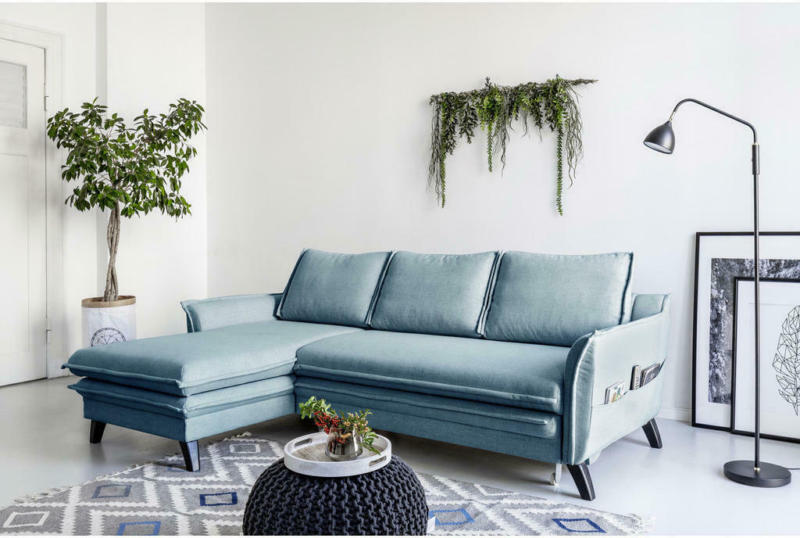 Eckschlafsofa in Holz, Textil, Holzwerkstoff Blau, Türkis