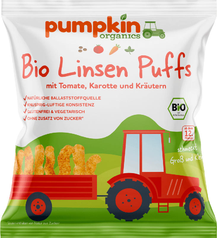 pumpkin organics Kindersnack Linsen Puffs mit Tomate, Karotte & Kräutern ab 1 Jahr