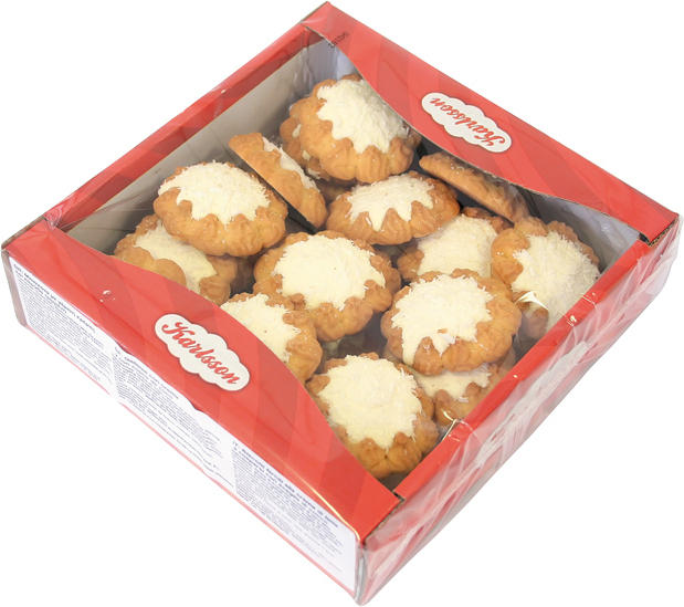 Mürbekekse mit 28% Kokoskremauflage mit Kokosraspeln bestreut